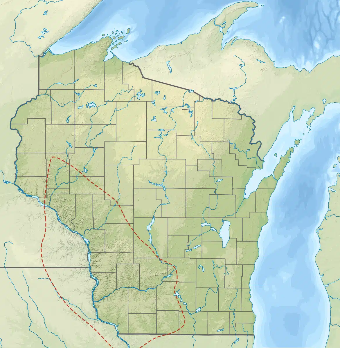 Topographic map of the Driftless Region in the Upper Midwest, highlighting ideal hemp-growing areas with rich soil and clean water.