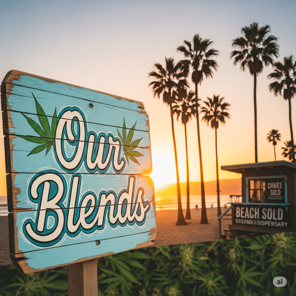 Our Blends sign featuring cannabis leaves, sunset backdrop, palm trees, and a dispensary in the background, emphasizing the connection to cannabis products and the entourage effect.