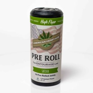Pre-rolled joint container from American Hemp Hub featuring "High Flyer" branding, labeled as Sativa, containing 10 pre-rolled joints, designed for easy consumption of hemp-derived products.